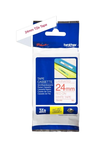 Brother TZe252 Fita Laminada Original de Etiquetas - Texto vermelho sobre fundo branco - Largura 24mm x 8 metros