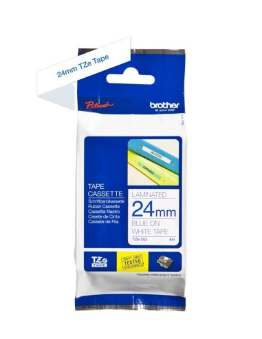 Brother TZe253 Fita Laminada Original de Etiquetas - Texto azul sobre fundo branco - Largura 24mm x 8 metros