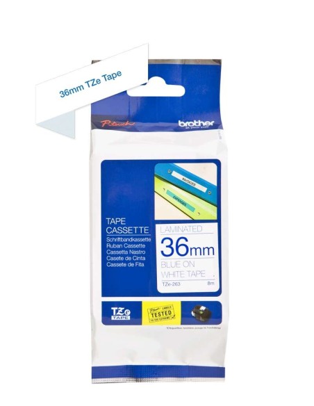 Brother TZe263 Fita Laminada Original de Etiquetas - Texto azul sobre fundo branco - Largura 36mm x 8 metros