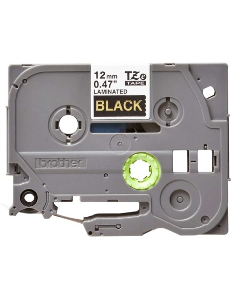 Brother TZe334 Fita Laminada Original de Etiquetas - Texto dourado sobre fundo preto - Largura 12mm x 8 metros