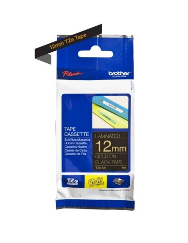 Brother TZe334 Fita Laminada Original de Etiquetas - Texto dourado sobre fundo preto - Largura 12mm x 8 metros