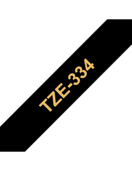 Brother TZe334 Fita Laminada Original de Etiquetas - Texto dourado sobre fundo preto - Largura 12mm x 8 metros