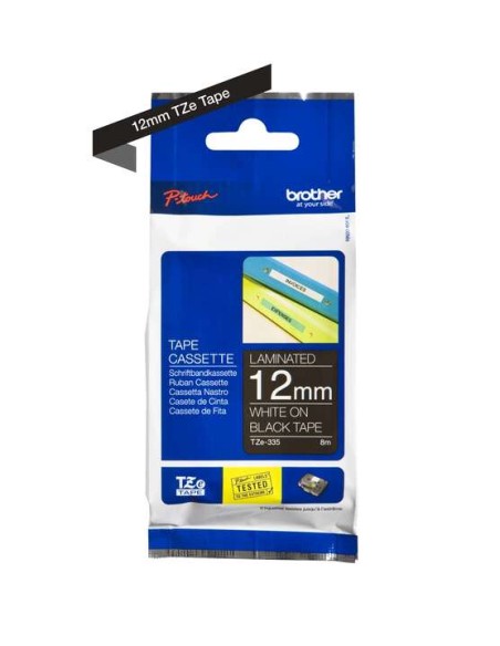 Brother TZe335 Fita Laminada Original de Etiquetas - Texto branco sobre fundo preto - Largura 12mm x 8 metros