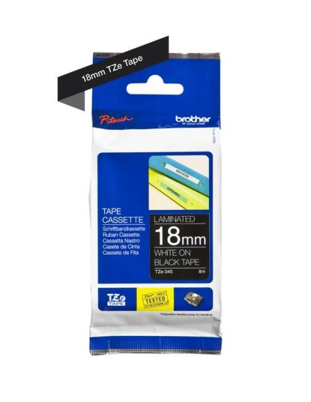 Brother TZe345 Fita Laminada Original de Etiquetas - Texto branco sobre fundo preto - Largura 18mm x 8 metros