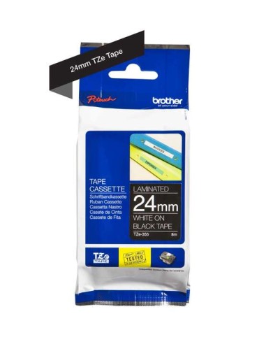 Brother TZe355 Fita Laminada Original de Etiquetas - Texto branco sobre fundo preto - Largura 24mm x 8 metros