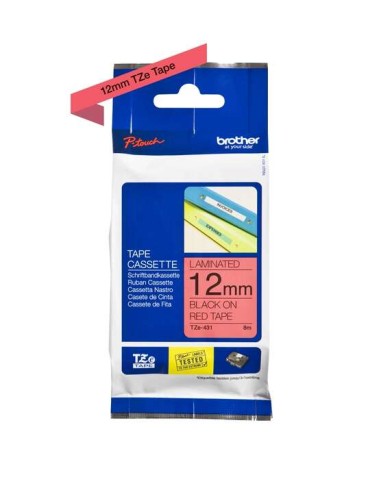 Brother TZe431 Fita Laminada Original de Etiquetas - Texto preto sobre fundo vermelho - Largura 12mm x 8 metros