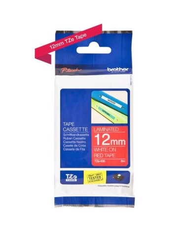 Fita Laminada Original Brother TZe435 de Etiquetas - Texto branco sobre fundo vermelho - Largura 12mm x 8 metros