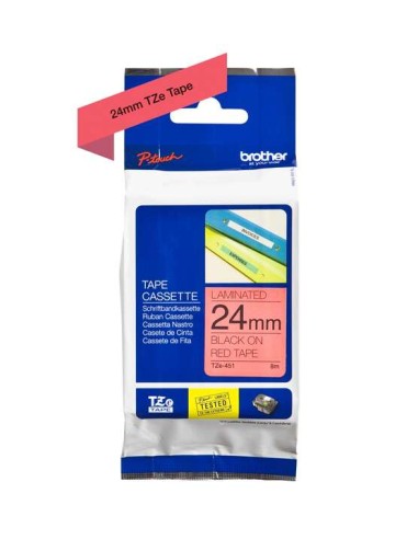 Brother TZe451 Fita Laminada Original de Etiquetas - Texto preto sobre fundo vermelho - Largura 24mm x 8 metros
