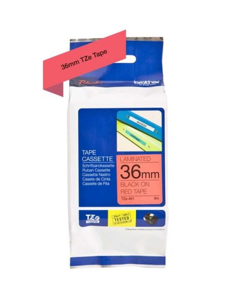 Fita Laminada Original Brother TZe461 para Etiquetas - Texto preto sobre fundo vermelho - Largura 36mm x 8 metros