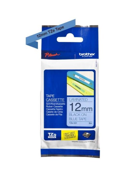 Brother TZe531 Fita Laminada Original de Etiquetas - Texto preto sobre fundo azul - Largura 12mm x 8 metros