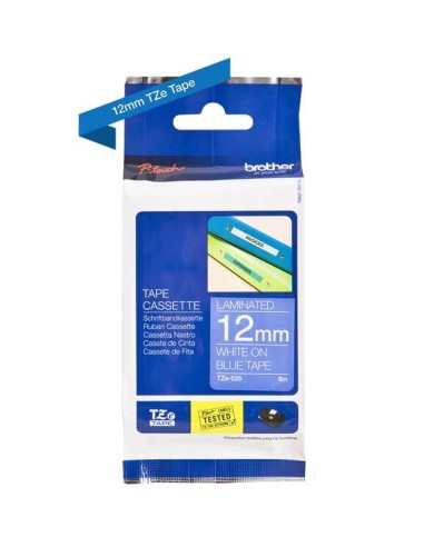 Fita Laminada Original Brother TZe535 para Etiquetas - Texto branco sobre fundo azul - Largura 12mm x 8 metros