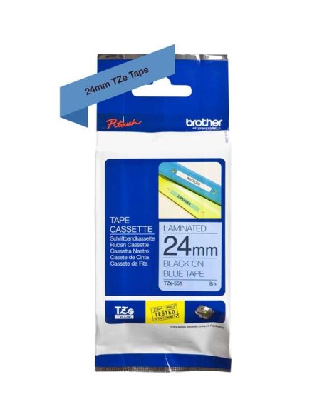 Brother TZe551 Fita Laminada Original para Etiquetas - Texto preto sobre fundo azul - Largura 24mm x 8 metros