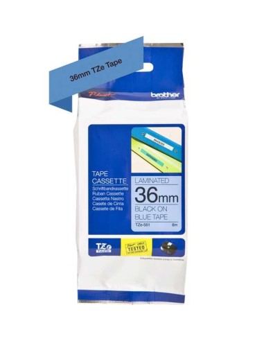 Fita Laminada Original Brother TZe561 para Etiquetas - Texto preto sobre fundo azul - Largura 36mm x 8 metros