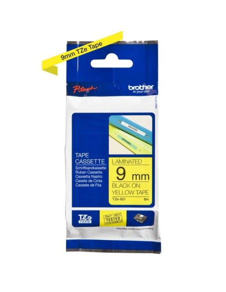 Brother TZe621 Fita Laminada Original de Etiquetas - Texto preto sobre fundo amarelo - Largura 9mm x 8 metros