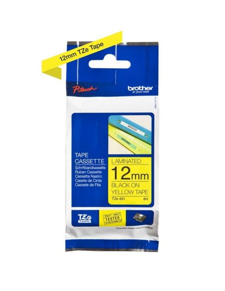 Fita Laminada Original Brother TZe631 para Etiquetas - Texto preto sobre fundo amarelo - Largura 12mm x 8 metros