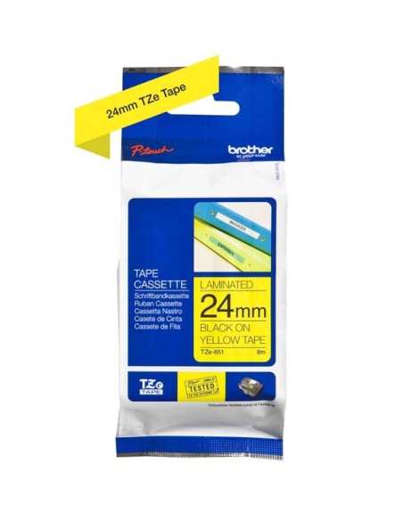 Brother TZe651 Fita Laminada Original de Etiquetas - Texto preto sobre fundo amarelo - Largura 24mm x 8 metros