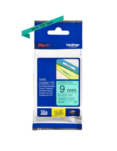 Brother TZe721 Fita Laminada Original de Etiquetas - Texto preto sobre fundo verde - Largura 9mm x 8 metros