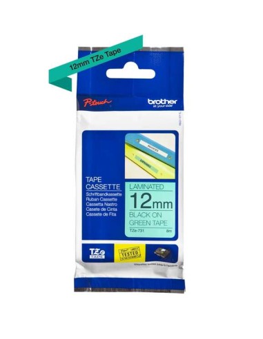Brother TZe731 Fita Laminada Original de Etiquetas - Texto preto sobre fundo verde - Largura 12mm x 8 metros