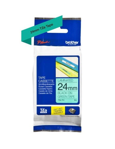 Brother TZe751 Fita Laminada Original de Etiquetas - Texto preto sobre fundo verde - Largura 24mm x 8 metros