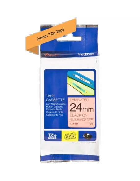 Fita Laminada Fluorescente Original Brother TZeB51 para Etiquetas - Texto preto sobre fundo branco - Largura 24mm x 5 metros