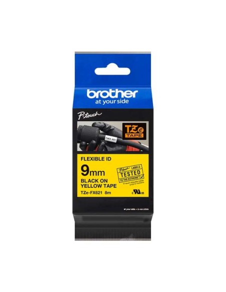 Brother TZeFX621 Fita Laminada Flexível Original de Etiquetas - Texto preto sobre fundo amarelo - Largura 9mm x 8 metros