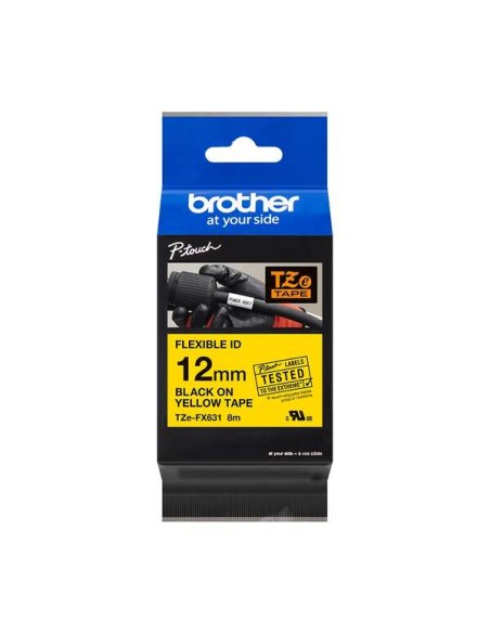 Brother TZeFX631 Fita Laminada Flexível Original de Etiquetas - Texto preto sobre fundo amarelo - Largura 12mm x 8 metros
