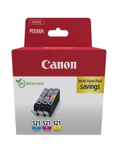 Canon CLI521 Pacote de 3 Cartuchos de Tinta Originais - Ciano, Magenta, Amarelo - 2934B015/2934B010