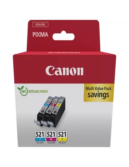 Canon CLI521 Pacote de 3 Cartuchos de Tinta Originais - Ciano, Magenta, Amarelo - 2934B015/2934B010