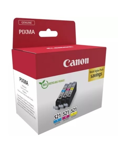 Canon CLI521 Pacote de 3 Cartuchos de Tinta Originais - Ciano, Magenta, Amarelo - 2934B015/2934B010