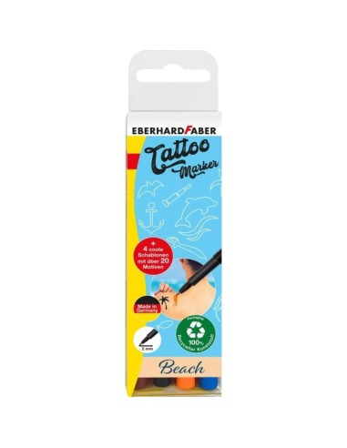Eberhard Faber Tattoo Marker Beach Pack de 4 Marcadores para Tatuagens Temporárias + 4 Moldes com mais de 20 Motivos - Secagem 