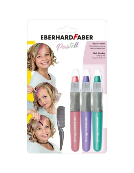 Eberhard Faber Pack de 3 Gizes Pastel para Cabelo + 1 Mini Pente - Aplicar no Cabelo Seco - Use o Pente para Dispensar a Cor - 