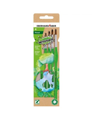 Eberhard Faber Green Winner Pack com 4 Pincéis de Cabelo Sintético Tamanhos 0, 1, 2, 4 - Pega Ergonómica - Fabricados com 60% d