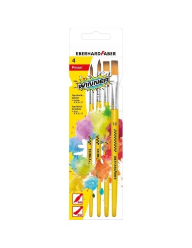 Eberhard Faber Winner Pack com 4 Pincéis de Cabelo Sintético Tamanhos 4, 6, 8, 12 - Virola de Alumínio