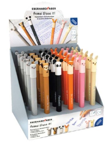 Eberhard Faber Animal Erase It! Expositor com 36 Canetas Apagáveis Tinta Gel Azul - Traço 0.7mm - Tampa com Formas de Animais -