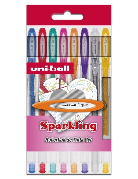 Uni-ball UM-120 SP Signo Sparkling Pack de 8 Canetas de Tinta Gel - Ponta de Esfera 1mm - Tinta Pigmentada Resistente à Água e 