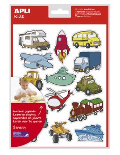 Apli Bolsa de Gomets Temáticos Transportes - 45 Gomets em 3 Folhas - Ilustrações Divertidas para Enriquecer Vocabulário e Habil
