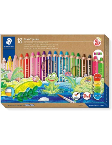 Staedtler Noris Junior Pack de 18 Lápis de Cor Extragrossos + Apontador - 3 em 1, Lápis, Cera e Aquarelável - Cores Sortidas