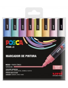 Posca PC-5M/8C Estojo de 8 Marcadores de Pintura - Ponta de Poliéster 1.8-2.5mm - Tinta à Base de Água - Resistente à Luz - Não