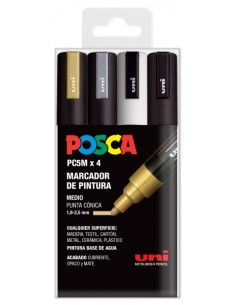 Posca PC-5M Pack de 4 Marcadores de Pintura - Ponta de Bala 1.8-2.5mm - Tinta à Base de Água - Não Permanente - Resistente à Lu