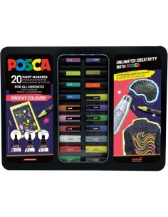 Posca Groovy Colours Mala Metálica com 20 Marcadores de Pintura - Sortido em Cor e Traço - Ponta de Poliéster - Tinta Pigmentad