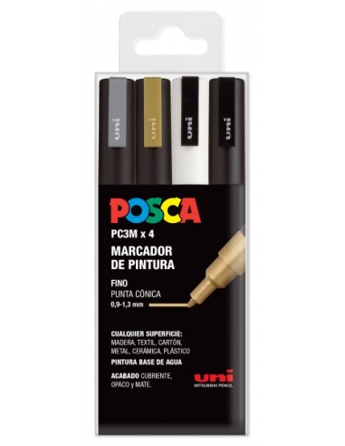 Posca PC3M Pack de 4 Marcadores de Pintura - Ponta Cônica 0.9-1.3mm - Tinta à Base de Água - Resistente à Luz - Não Permanente 