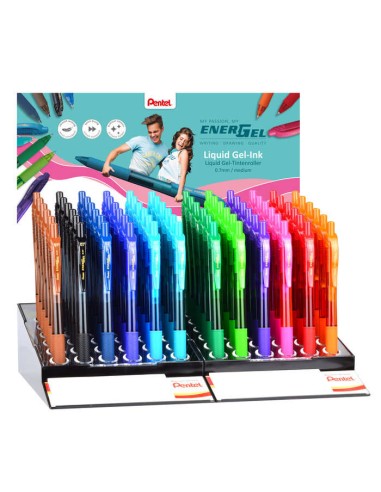 Pentel EnerGel X Expositor de 72 Canetas Esferográficas Retráteis Tinta Gel - Ponta 0.7mm - Traço 0.35mm - Recarregável - Grip 