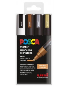 Posca PC-5M Estojo de 4 Marcadores de Pintura - Ponta de Bala 1.8-2.5mm - Tinta à Base de Água - Resistente à Luz - Cores Sorti