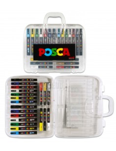 Posca Mala de Plástico com 20 Marcadores de Pintura - Ponta de Poliéster - Tinta Pigmentada à Base de Água - Não Permanente - R