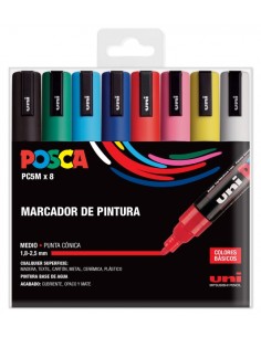 Posca PC-5M/8C Estojo de 8 Marcadores de Pintura - Ponta de Poliéster 1.8-2.5mm - Tinta à Base de Água - Resistente à Luz - Não