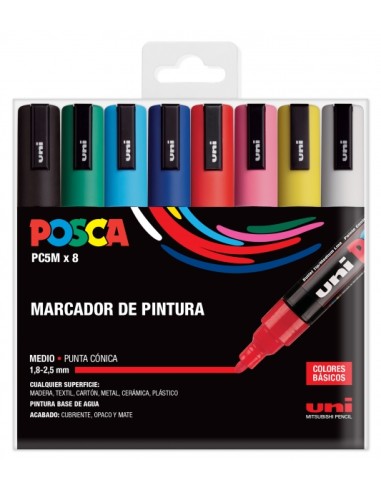 Posca PC-5M/8C Estojo de 8 Marcadores de Pintura - Ponta de Poliéster 1.8-2.5mm - Tinta à Base de Água - Resistente à Luz - Não