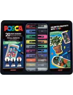 Posca Pop Colours Estojo Metálico com 20 Marcadores de Pintura - Sortido em Cor e Traço - Ponta de Poliéster - Tinta Pigmentada