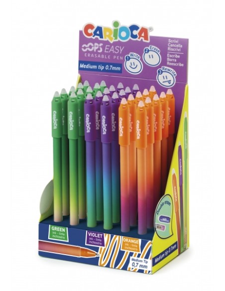 Pacote Carioca Oops Easy Expositor com 30 Canetas Apagáveis - Tinta Termossensível - Corpo com Efeito Degradê - Ponta de Ø 0,7m