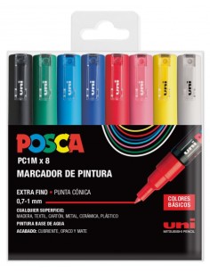 Posca PC1M Pack de 8 Marcadores de Pintura - Ponta Cônica 0.7mm - Tinta à Base de Água - Não Permanente - Resistente à Luz - In