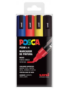 Posca PC-5M Pack de 4 Marcadores de Pintura - Ponta de Bala 1.8-2.5mm - Tinta à Base de Água - Não Permanente - Resistente à Lu